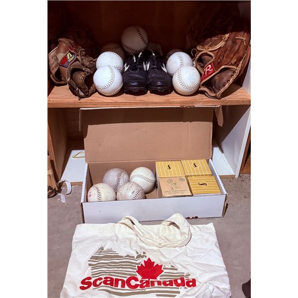 Baseball Equipment Lot Including Gloves, Balls, Cleats, and Tote Bag