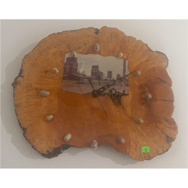 Wall Clock on Live Edge Wood with Prairie Elevator Photo Centrepiece