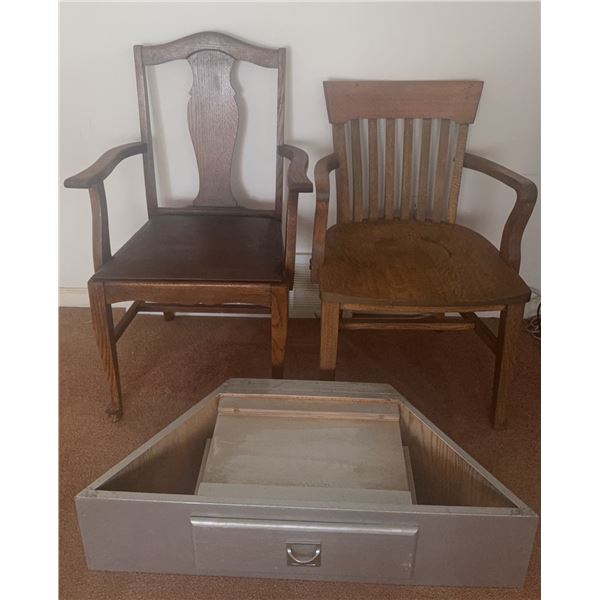 Wooden Armchairs and Triangular Wooden Drawer