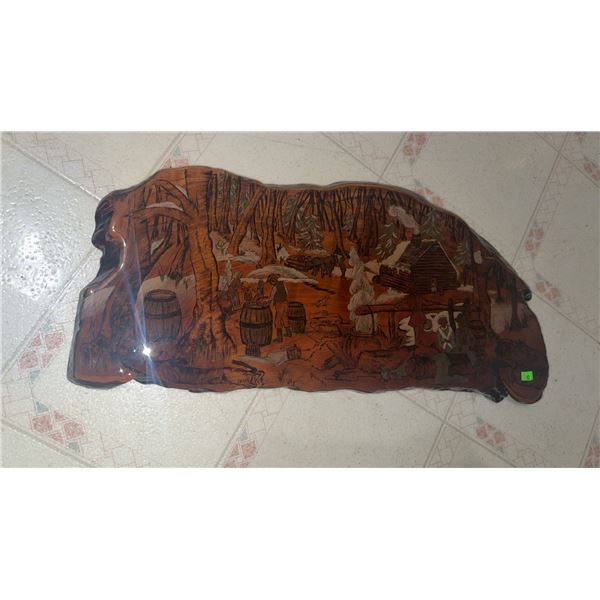 Wood Slab Wall Plaque with Rustic Cabin and Forest Scene Engraving