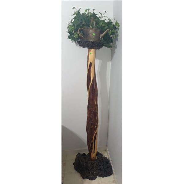 Tall Natural Wood Plant Stand with Artificial Ivy and Brass Teapot