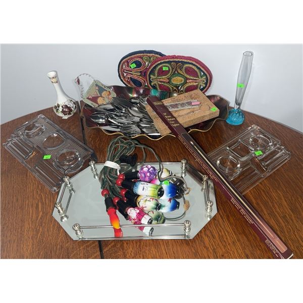 Household Items Including Cutlery, Glassware, and Decorative Pieces