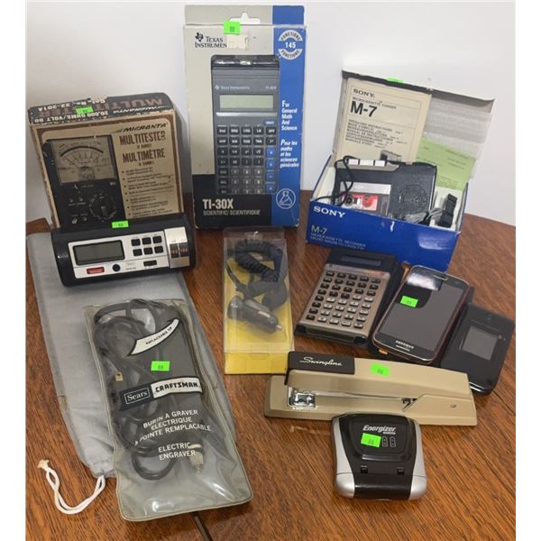 Electronics and Office Lot with Calculators, Sony M-7, and Accessories