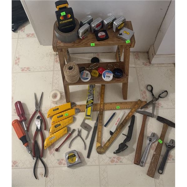 Hand Tool Lot with Tape Measures, Knives, Hammers, and Accessories