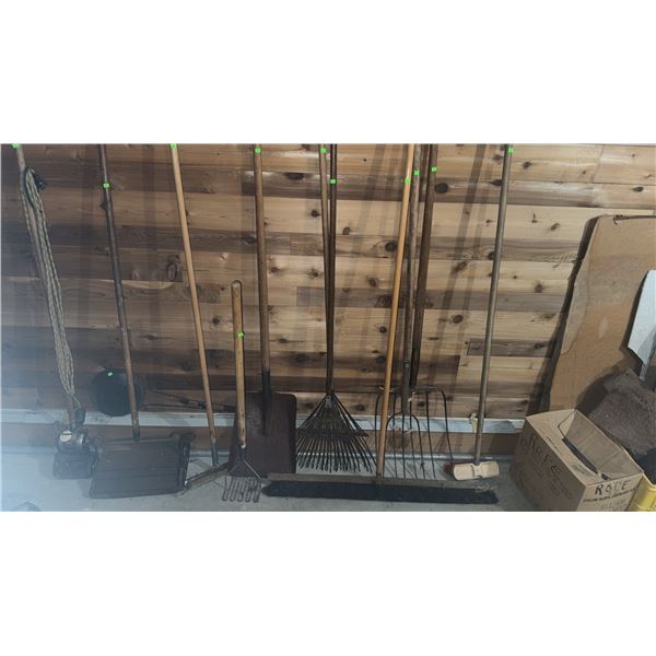 Yard and Garden Tools Including Push Mower, Rakes, Shovels, and Rope