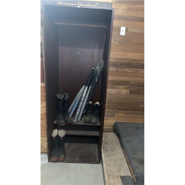Wooden Locker with Storage Shelf, Rubber Boots, Work Boots, and Aluminum Baseball Bats