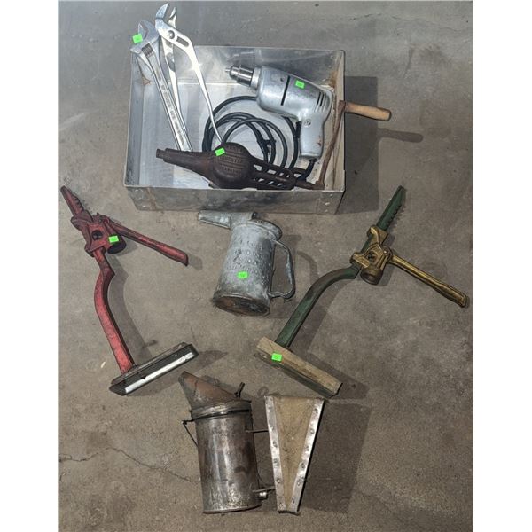 Hand Tools and Barn Jacks Including Drill Oil Cans and Beekeeping Smoker