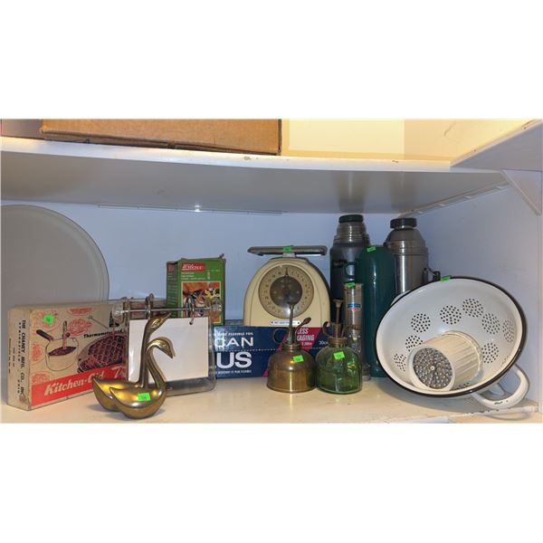 Vintage Kitchen Items Including Scale, Thermos, KitchenAid Thermometer, and More