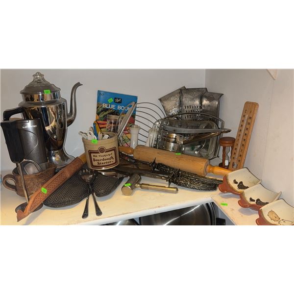 Kitchenware Group Including Percolator, Utensils, Rolling Pin, and Ceramic Trays