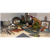Image 1 : Kitchen Tools and Utensils Lot Including Roasting Pan, Knives, Peelers, and Frog Sponge Holder