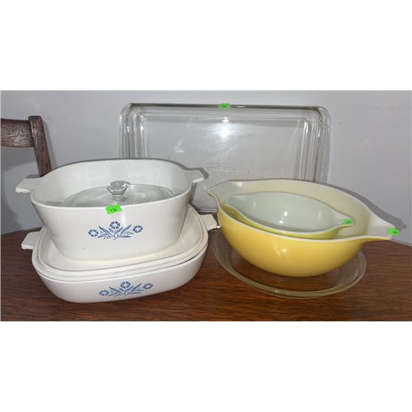 CorningWare Blue Cornflower Casserole Dishes and Pyrex Yellow Mixing Bowls