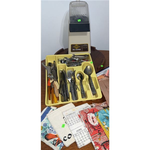 West Bend The Poppery Corn Popper, Flatware Set, Kitchen Linens, and Enamelware Tray