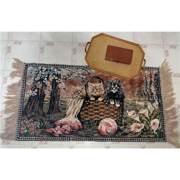 Small Rectangular Rug with Kitten Basket Motif and Fringed Edges
