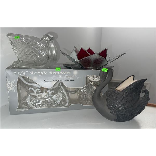 Decorative Items Including Black Swan Planter, Acrylic Sleighs, and Stained Glass Lotus