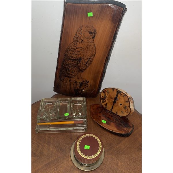Four Items: Pyrography Wood Owl Plaque, Wooden Mantel Clock, and more