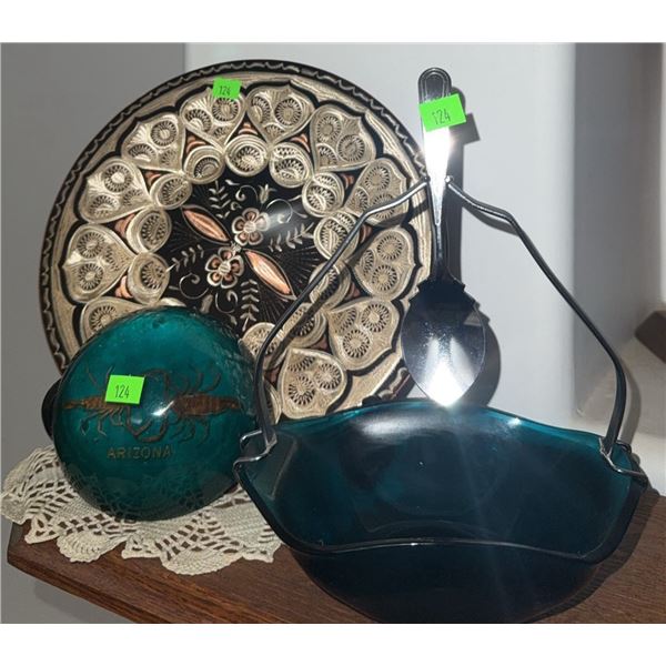 Decorative Ceramic Plate, Arizona Souvenir Dish, and Blue Glass Bowl With Metal Handle and Spoon