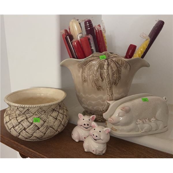 Ceramic Tableware Including Pig Motif and Palm Tree Vase
