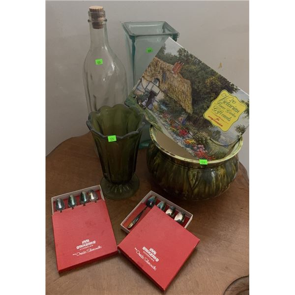 Group Lot: Rogers Silverplate Spoons, Green Glass Vase, Bottle, Square Vase, Planter, Postcard