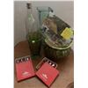 Image 1 : Group Lot: Rogers Silverplate Spoons, Green Glass Vase, Bottle, Square Vase, Planter, Postcard