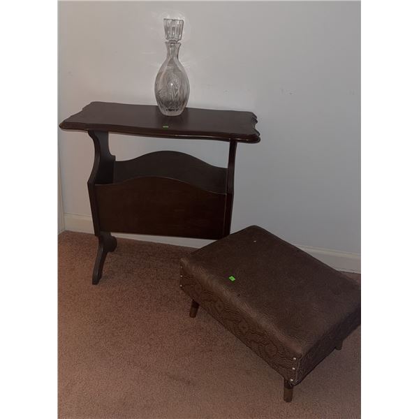Wood Magazine Rack Table With Glass Decanter and Upholstered Footstool