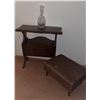 Image 1 : Wood Magazine Rack Table With Glass Decanter and Upholstered Footstool