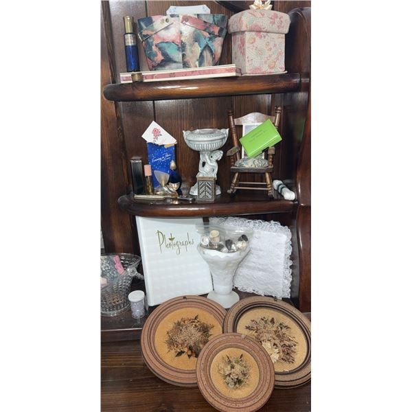 Decorative Shelf Lot with Photo Album, Trinket Boxes, and Dried Floral Plaques