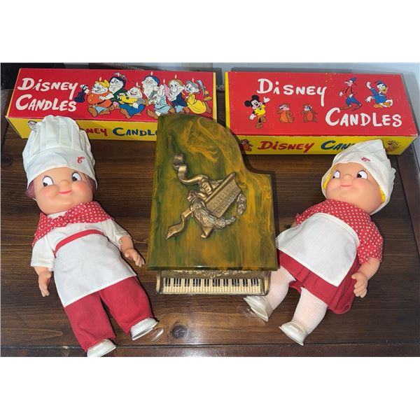 2 Boxes Walt Disney Candles, 2 Chef Dolls, and Grand Piano Music Box