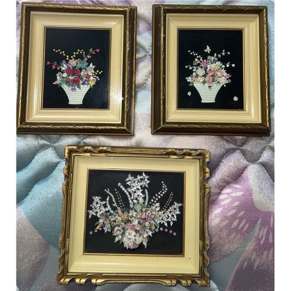 Three Framed Ribbon Embroidery Floral Basket Pictures