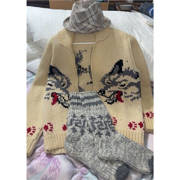Hand-Knit Sweater with Wolf Motif, Plaid Fedora, and Wool Socks