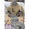 Image 1 : Hand-Knit Sweater with Wolf Motif, Plaid Fedora, and Wool Socks