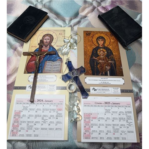 Religious Lot with Two Bibles, Wall Crucifix, Calendars, and Angel Ornaments