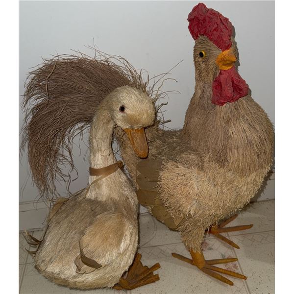 Straw and Raffia Decorative Duck and Rooster Figures