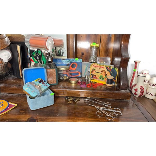 Sewing and Notions Lot with Scissors, Thimbles and Watch