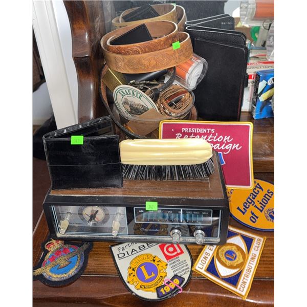 Embroidered Lions Club Patches, Vintage Clock Radio, Belts, Wallets, Brushes