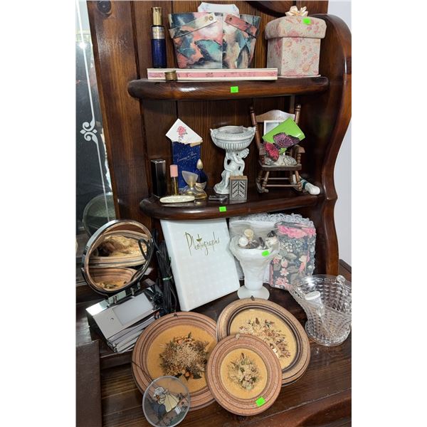 Decorative Mixed Lot: Framed Dried Flowers, Perfume Bottles, Trinket Boxes, Vanity Items