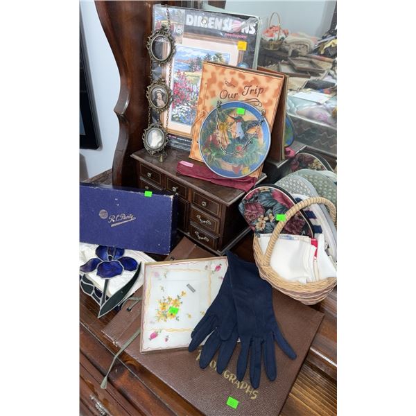 Decorative and Collectible Lot with Jewellery Box, Needlepoint, and Accessories