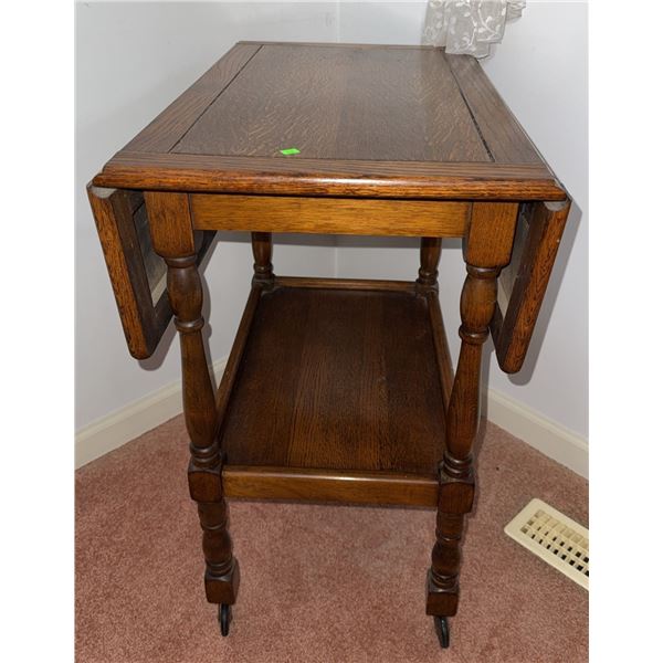 Drop-Leaf Oak Side Table with Lower Shelf and Casters