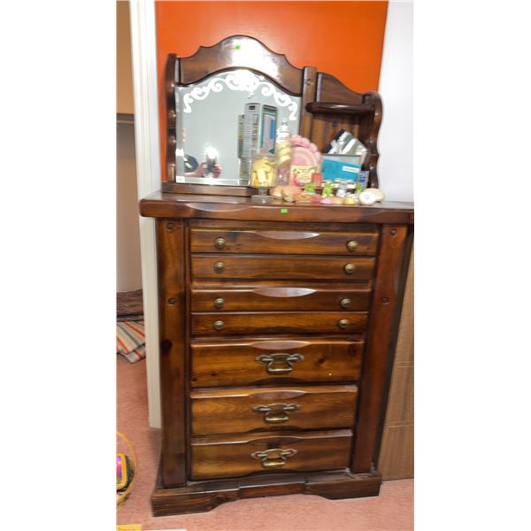 Wooden Tallboy Chest of Drawers with Mirror and Shelf. Items on Chester not included.