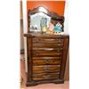 Image 1 : Wooden Tallboy Chest of Drawers with Mirror and Shelf. Items on Chester not included.