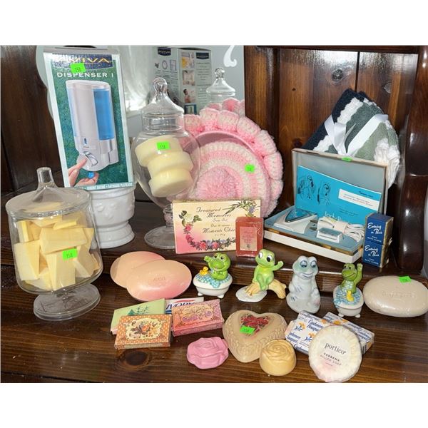 Decorative Soaps, Ceramic Frog Figurines, Lady Remington Shaver, Bath Accessories