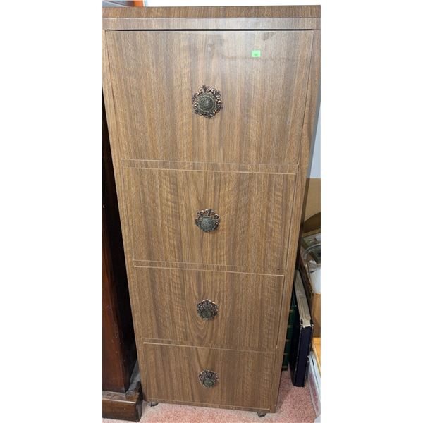 Wood Veneer Four-Drawer Vertical Filing Cabinet with Ornate Metal Pulls