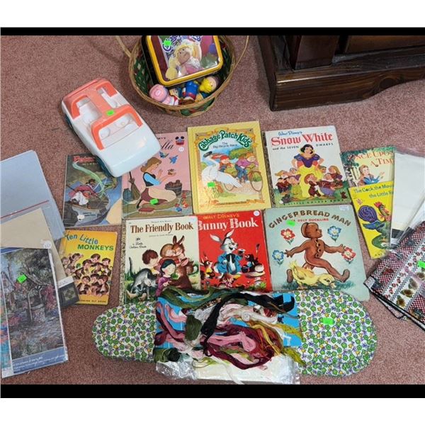 Children's Book Lot with Cabbage Patch Kids Little Golden Book, Vintage Toys and Craft Supplies