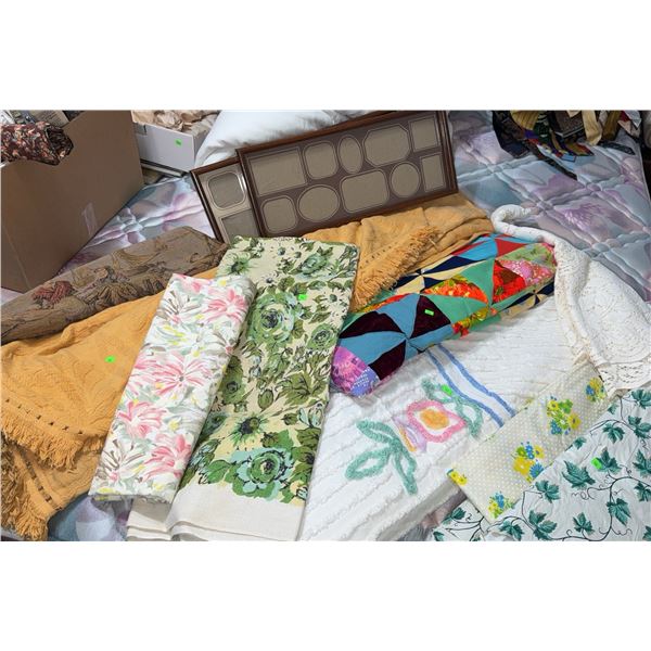 Textile Lot Including Quilts, Tablecloths, Tapestry, and Fabric Panels