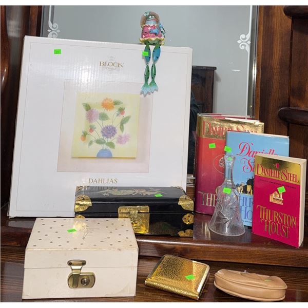 Lot: Block Crystal Wall Art, Books, Trinket Boxes, Coin Purses, and Figurine