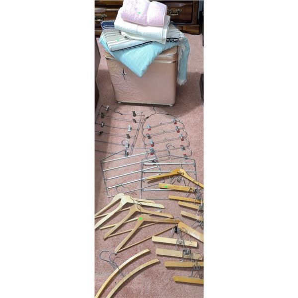 Towels, Textiles, Hanging Hamper, and Mixed Hangers Lot