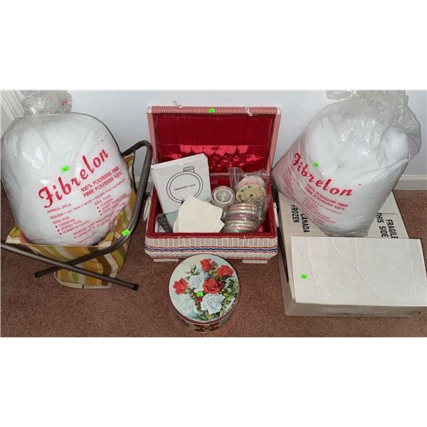 Embroidery and Sewing Supply Lot with Wicker Sewing Basket and Supplies