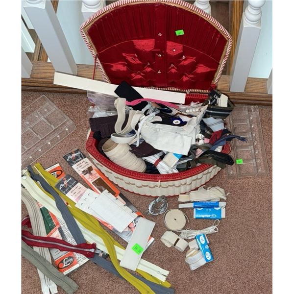 Sewing Basket With Assorted Notions, Zippers, and Trims