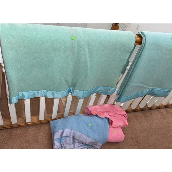 Four Satin-Trim Wool Blend Blankets in Blue and Pink