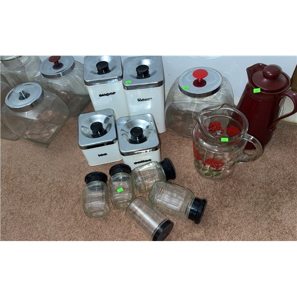 Glass and Metal Kitchen Canisters, Pitcher, and Thermal Carafe