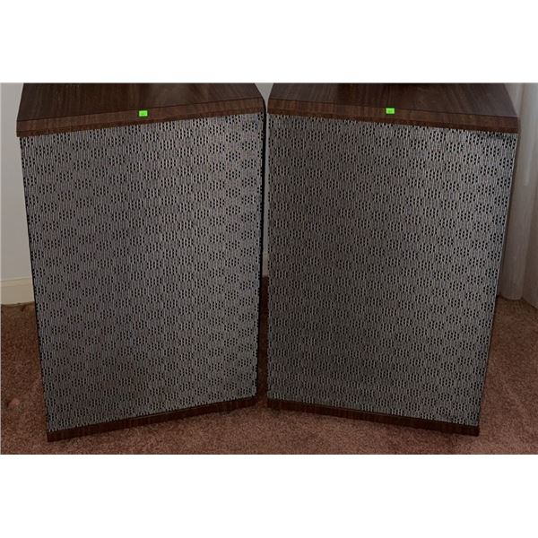 Large Wood Cabinet Stereo Speakers with Patterned Metal Grilles